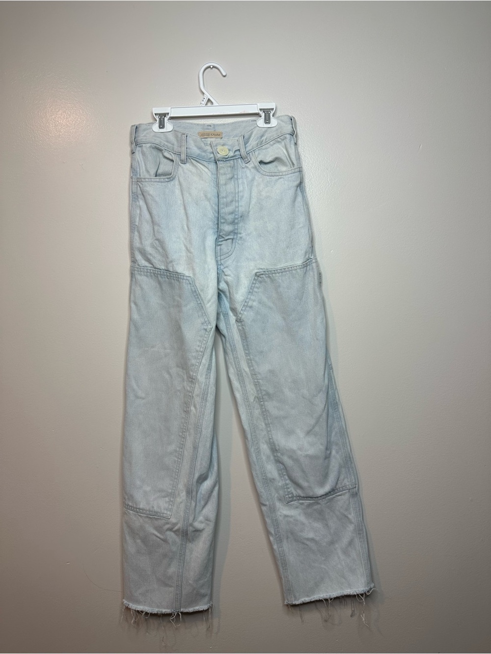 Jesse Kamm Patchfront Handy Pants Japanese Denim Light Wash Size 4  Raw Hem